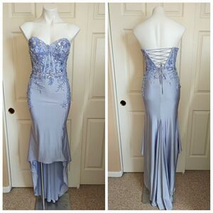 Amelia Couture periwinkle embellished strapless high low gown sz 2